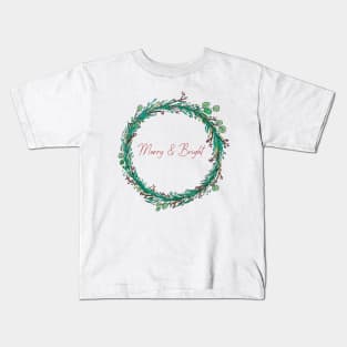 Merry and Bright Holiday Wreath and Clean Font Kids T-Shirt
